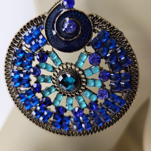 Cobalt Blue Rhinestone Circular Statement Earrings - Picture 4 of 7